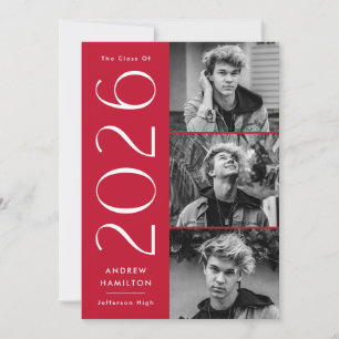 Modern 2025 Red 3 Photo Graduation Party Invitation