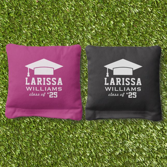 Modern 2025 White Custom Name Graduation Cornhole Bags (Grass)