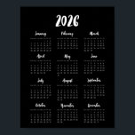 Modern 2026 Black calendar Poster<br><div class="desc">A modern and simple black poster calendar for the year 2026.</div>