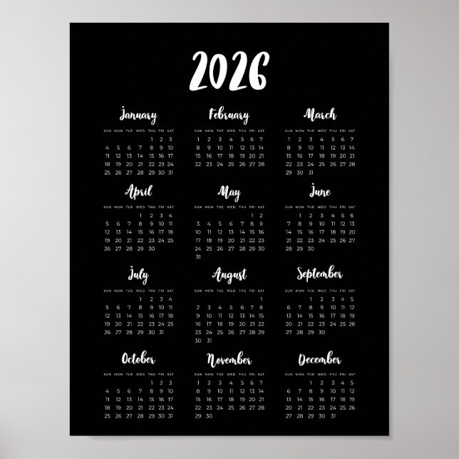Modern 2026 Black calendar Poster (Front)