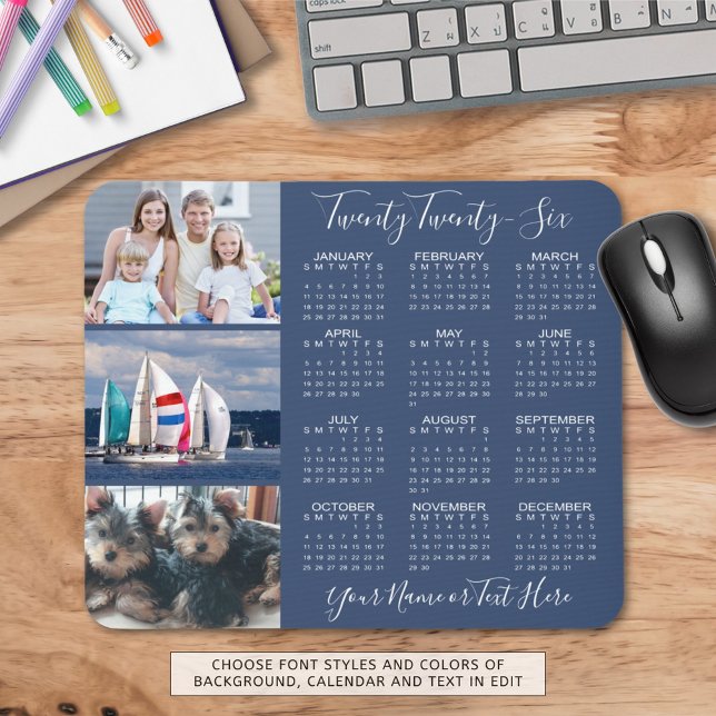 Modern 2026 Calendar 3 Photos Custom Personalized Mouse Pad (Creator Uploaded)