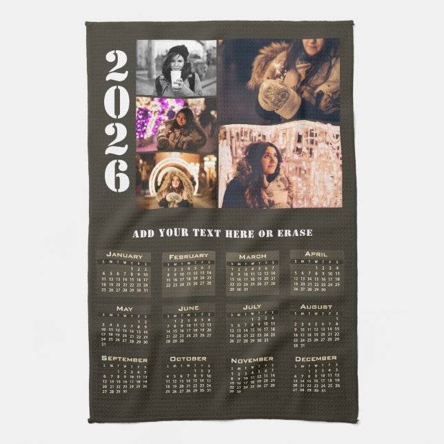 Modern 2026 Calendar 5 Photo Collage Magnet Card Kitchen Towel (Vertical)