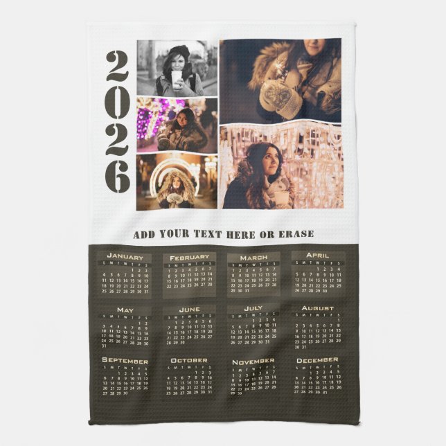 Modern 2026 Calendar 5 Photo Collage Magnet Card Kitchen Towel (Vertical)