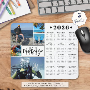Modern 2026 Calendar 5 Photos Monogram Name Mouse Pad