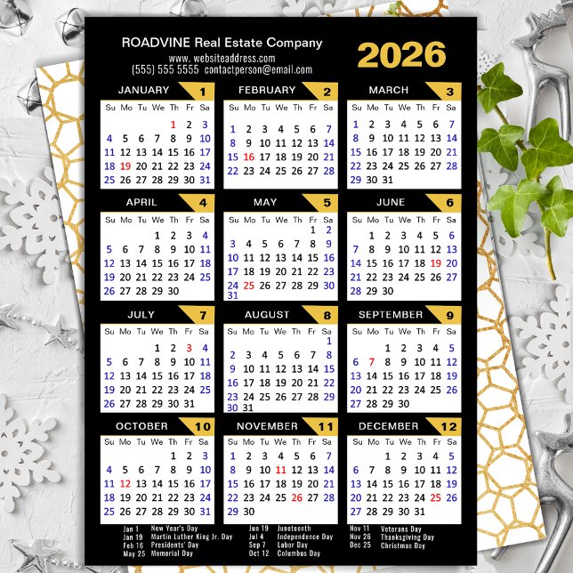 Modern 2026 Calendar Business Gold Black Corporate Holiday Card (Creator Uploaded)