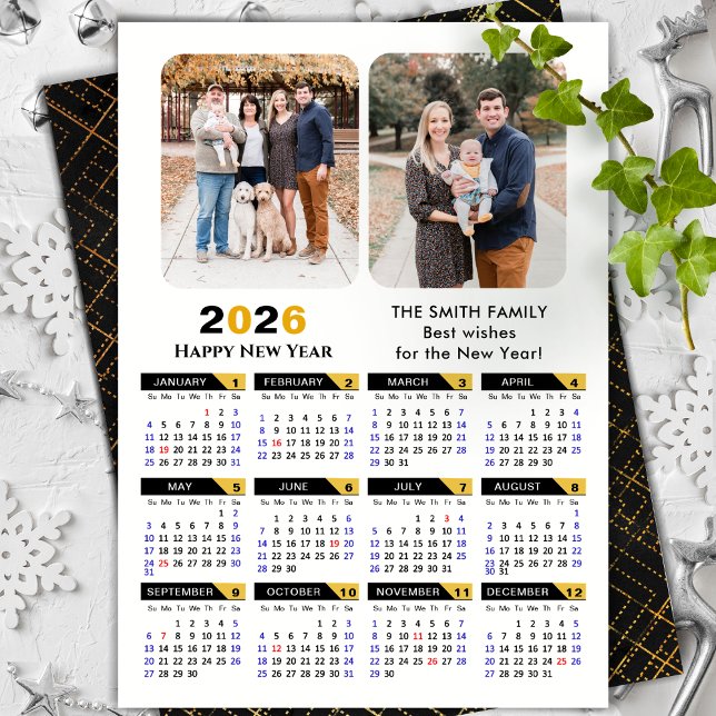 Modern 2026 Calendar Family 2 Photo Black Gold Holiday Card (Creator Uploaded)