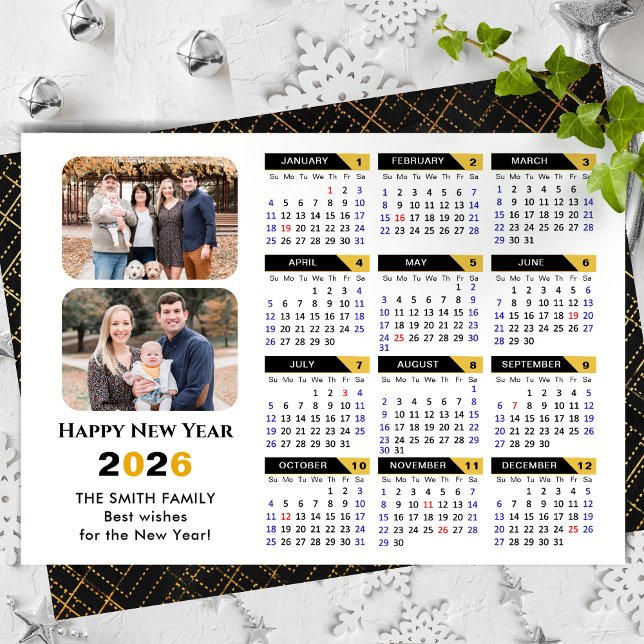 Modern 2026 Calendar Family 2 Photo Black Gold Holiday Card (Creator Uploaded)