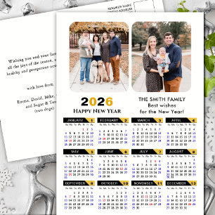 Modern 2026 Calendar Family 2 Photo Black Gold Holiday Postcard