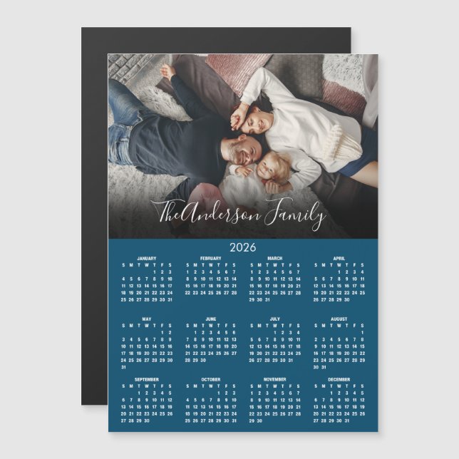 Modern 2026 Calendar Family Photo Blue Magnet (Front/Back)