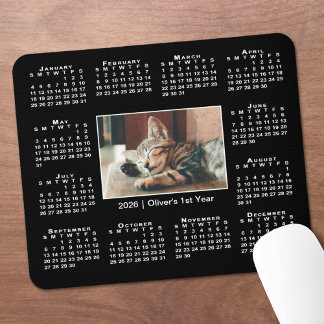 Modern 2026 Calendar Your Photo Name on Black Mouse Pad