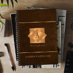Modern 2026 gold monogram name script elegant planner<br><div class="desc">A classy elegant business or personal 2026 brown planner featuring gold copper metallic geometric monogrammed square label on a leather look background. Perfect for a stylish business image for a business corporate manager, director, fashion stylist, home interior decorator, designer, architect, beauty salon manager, makeup artist, hairstylist. Easy to personalize with...</div>