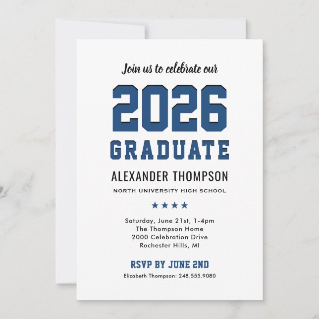 Modern 2026 Graduate Blue Graduation Party Invitation (Front)