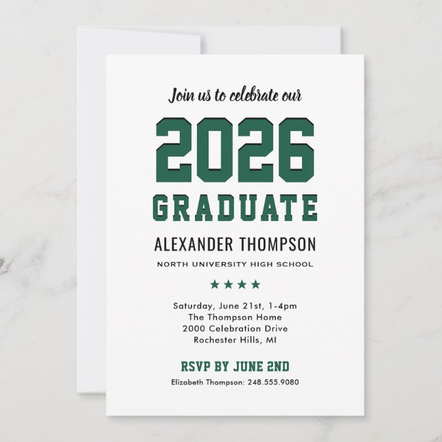 Modern 2026 Graduate Green Graduation Party Invitation (Front)