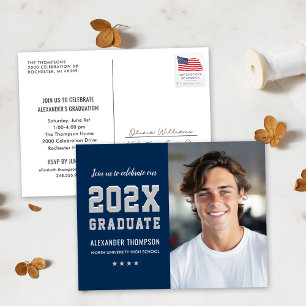 Modern 2026 Graduate Navy Gray Photo Graduation Invitation Postcard