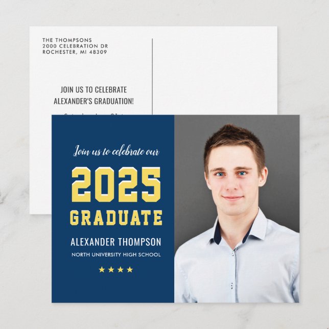 Modern 2026 Graduate Navy Yellow Photo Graduation  Invitation Postcard (Front/Back)