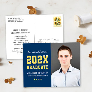 Modern 2026 Graduate Navy Yellow Photo Graduation  Invitation Postcard