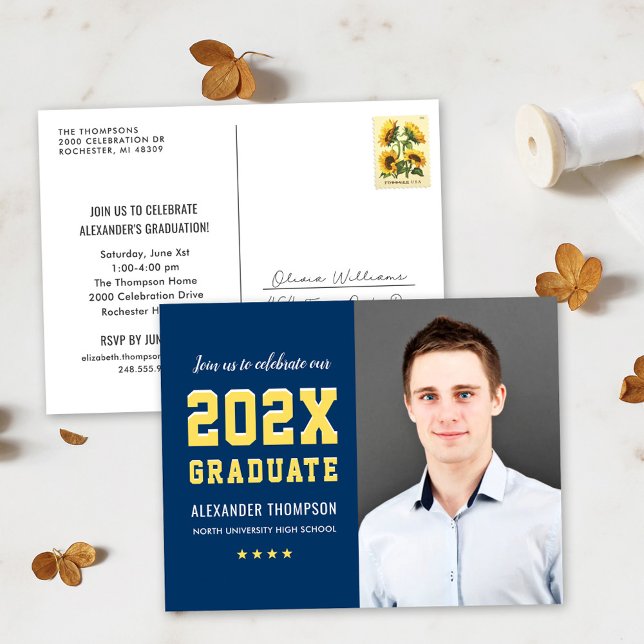 Modern 2026 Graduate Navy Yellow Photo Graduation  Invitation Postcard (Creator Uploaded)