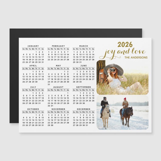 Modern 2026 Photo Calendar Magnet Black White Gold (Front/Back)