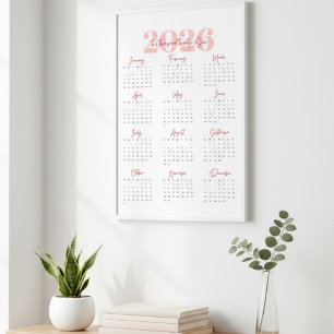 Modern 2026 Wall Calendar Pink & Red Minimalist Poster