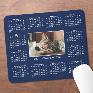 Modern 2027 Calendar Your Photo Name on Navy Blue Mouse Pad
