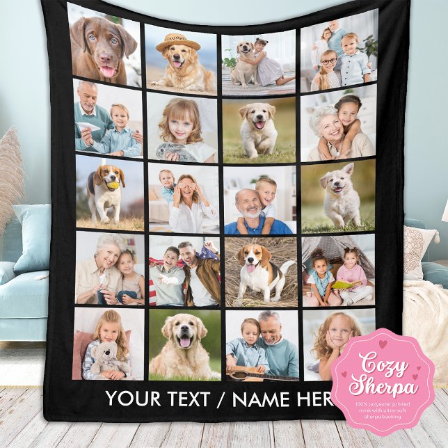 Modern 20 Photo Collage Personalized Black Medium Sherpa Blanket (Creator Uploaded)