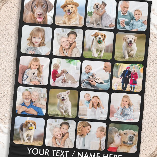 Modern 20 Photo Collage Personalized Stylish Black Fleece Blanket (Creator Uploaded)