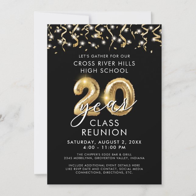Modern 20 Year Class Reunion Black Gold Balloon Invitation (Front)