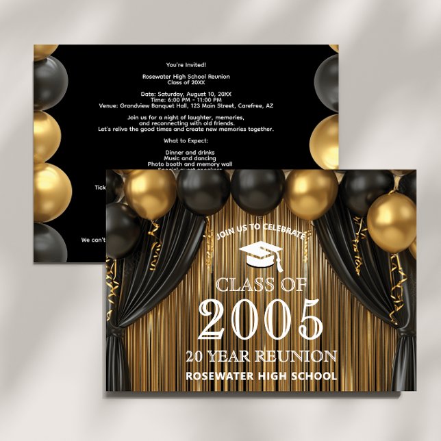 Modern 20 Year Class Reunion Black Gold Invitation (Creator Uploaded)