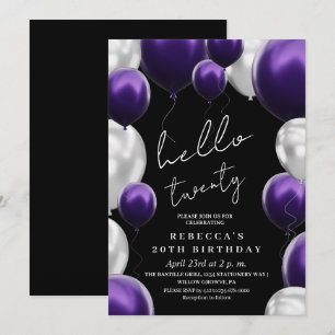 Modern 20th Birthday Black Silver Purple Balloons  Invitation