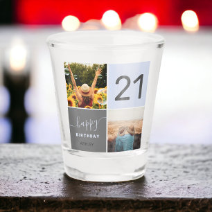 Modern 21 birthday blue 2 photo collage grid shot glass