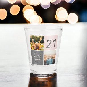 Modern 21 birthday pink 2 photo collage grid shot glass