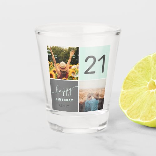 Modern 21 birthday teal 2 photo collage grid shot glass