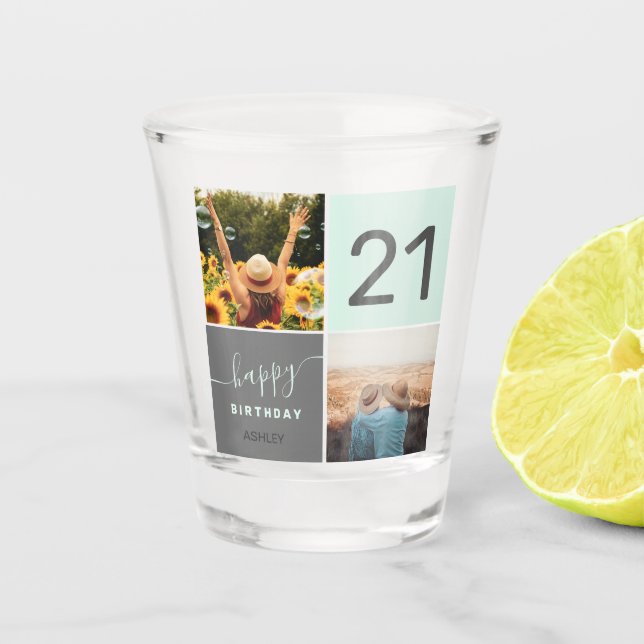 Modern 21 birthday teal 2 photo collage grid shot glass (Front)
