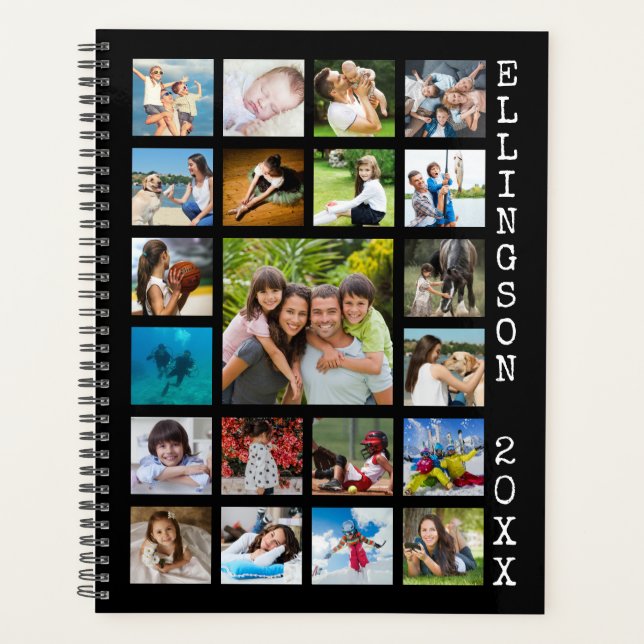 Modern 21 Photo Collage Family Black Personalized Planner (Front)