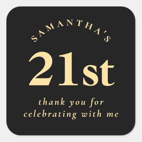 Modern 21st Birthday Black and Gold Thank You Square Sticker