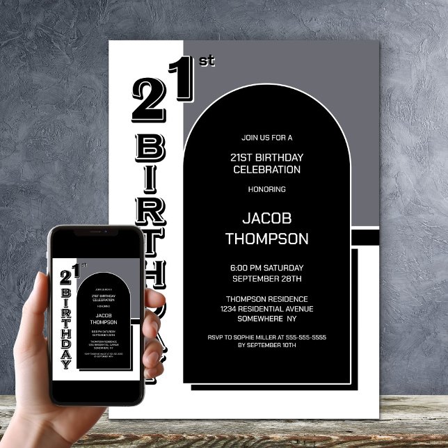 Modern 21st Birthday Black Arch Party Invitation (Creator Uploaded)