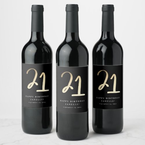 Modern 21st Birthday Black  Gold Script Wine Label