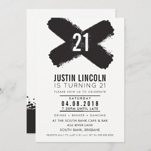 MODERN 21st birthday party black brush strokes Invitation