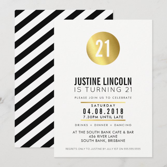 MODERN 21ST birthday party INVITE gold spot black (Front/Back)
