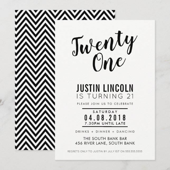 MODERN 21ST birthday party INVITE plain black (Front/Back)