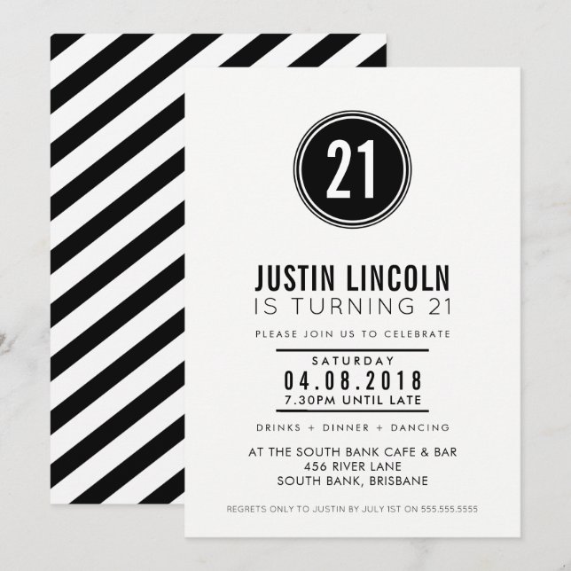 MODERN 21ST birthday party INVITE plain spot black (Front/Back)