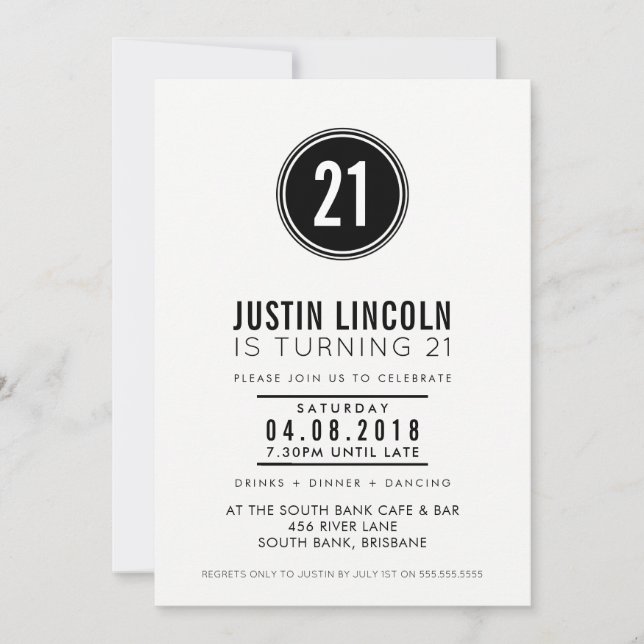 MODERN 21st birthday party INVITE plain spot black (Front)