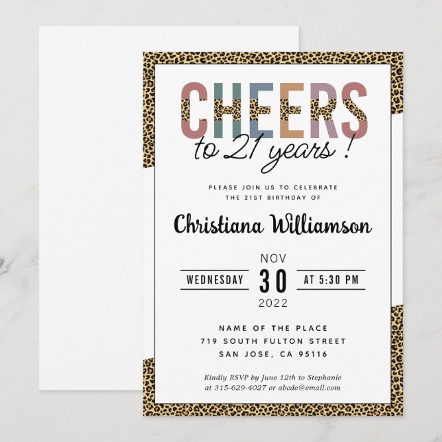 Modern 21st Birthday Party Leopard Print Elegant Invitation (Front/Back)