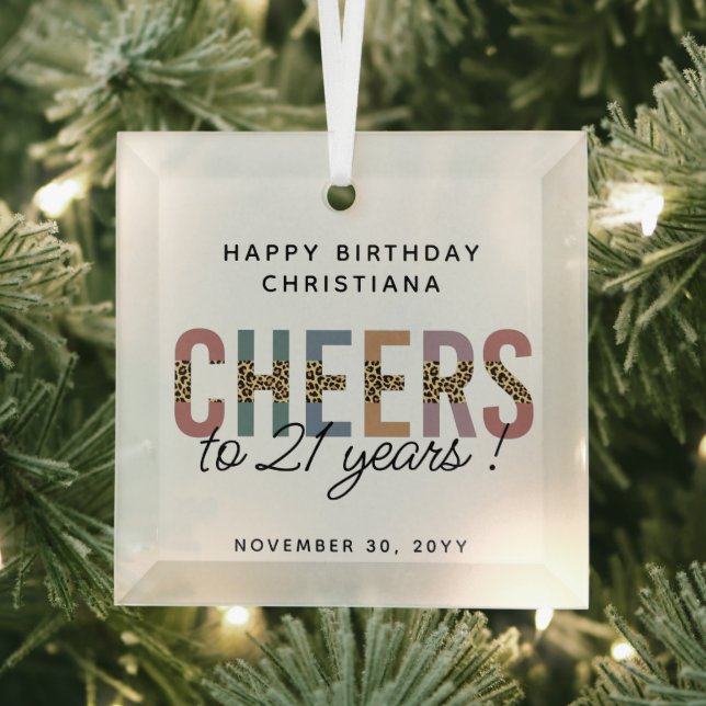 Modern 21st Birthday Party Leopard Print  Glass Ornament (Insitu)