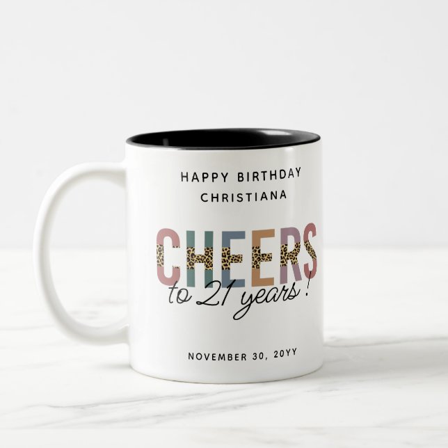Modern 21st Birthday Party Leopard Print Two-Tone Coffee Mug (Left)