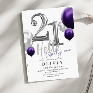 Modern 21st Birthday Party Silver Purple Balloons Invitation