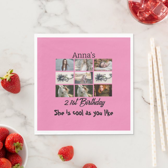 Modern 21st Birthday personalized 9 Photo Collage Napkins (Insitu)