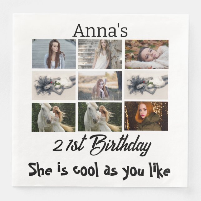 Modern 21st Birthday personalized 9 Photo Collage Paper Dinner Napkins (Front)