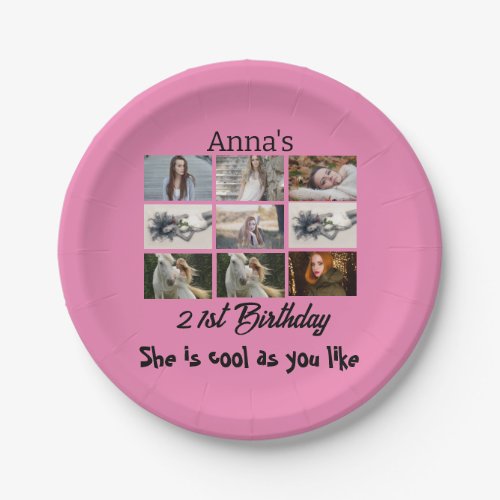 Modern 21st Birthday personalized 9 Photo Collage Paper Plates