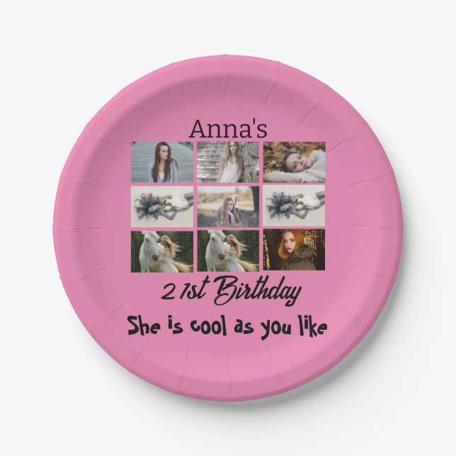 Modern 21st Birthday personalized 9 Photo Collage Paper Plates (Front)